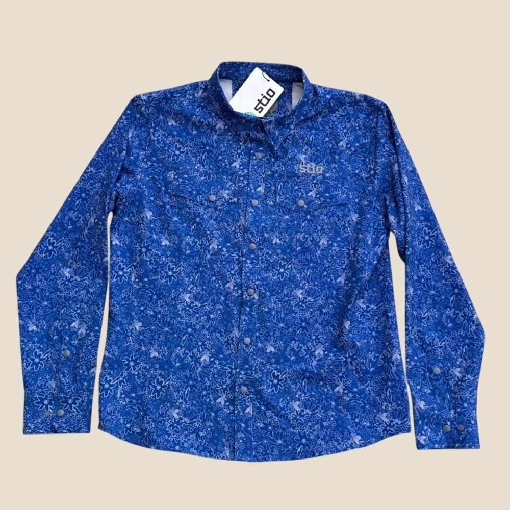 Stio CFS Shirt Mens Blue Floral Long Sleeve Snap Front UPF 50 Technical Top